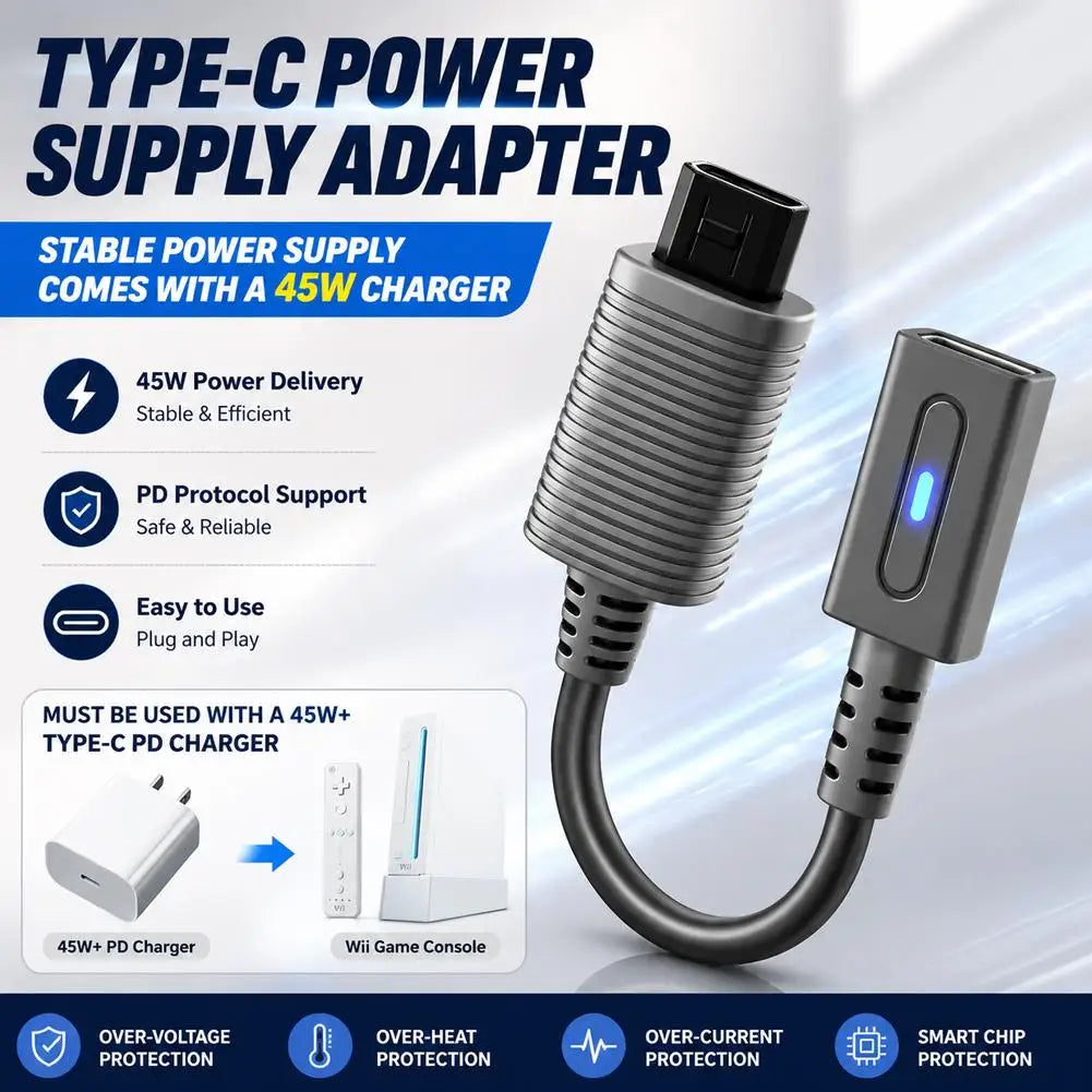 45W PD Type‑C Female to Wii Power Adapter Cable, 12cm Short Cord with Smart PD Decoy Chip, Stable Power Supply for Wii Console Qme