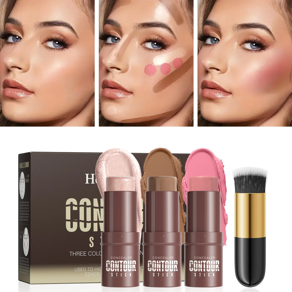 4-Piece Contour Stick Set with Highlighter, Blush & Bronzer Plus Golden Powder Brush - Waterproof Cream for All Tones, Shimmery. Qme