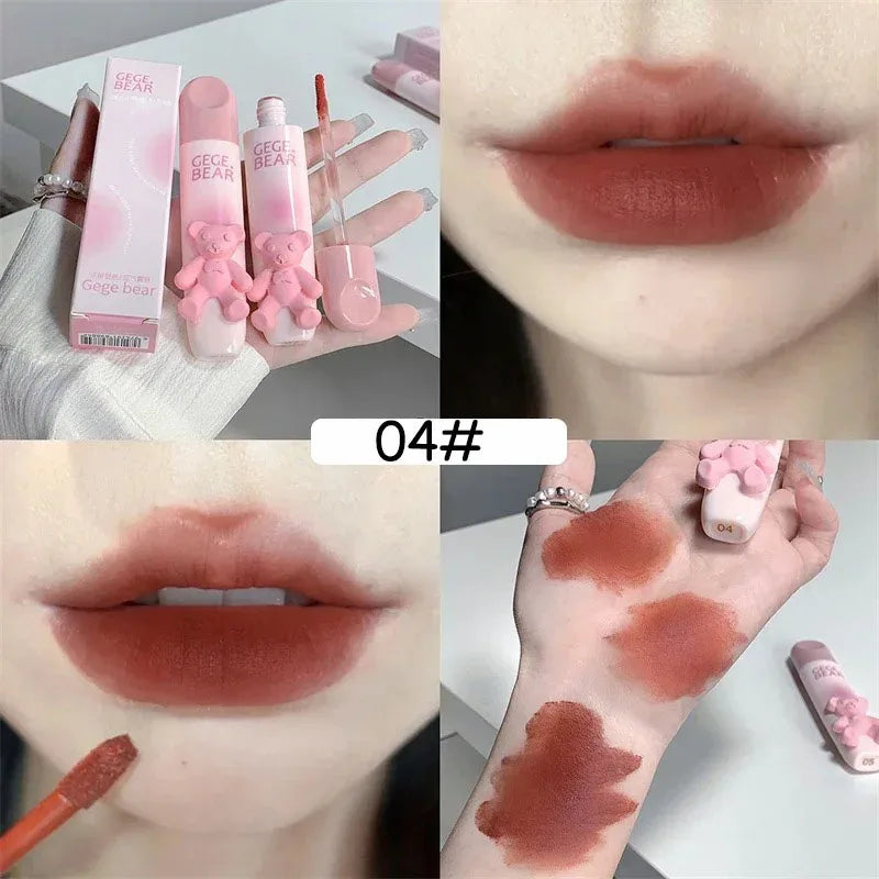 Cute Bear Lip Gloss Waterproof Long Lasting Non Fading Matte Lip Glaze Moisturing Non-marking Red Brown Velvet Liquid Lipsticks Qme 04