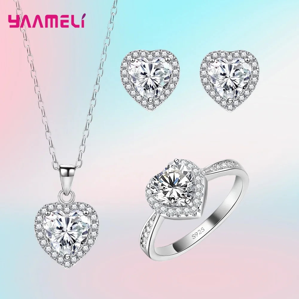 Romatic Birthday Valentines Day Gift Luxury 925 Sterling Silver Color Jewelry Sets Cubic Zircon Heart Ring Necklace Earrings Qme Default Title