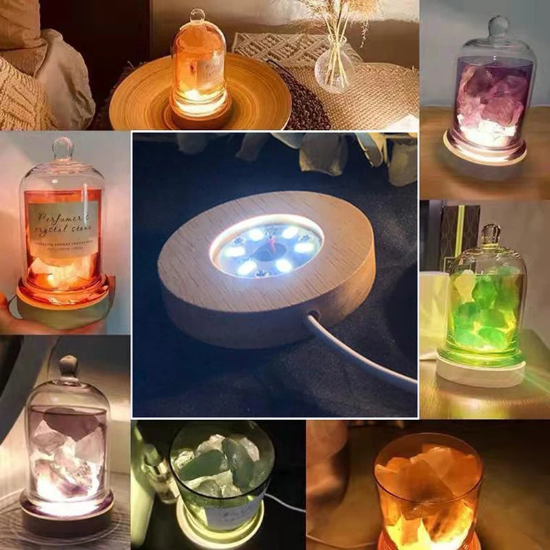 Rechargeable Wooden LED Light Base Rotating Display Stand Art Lamp Qme