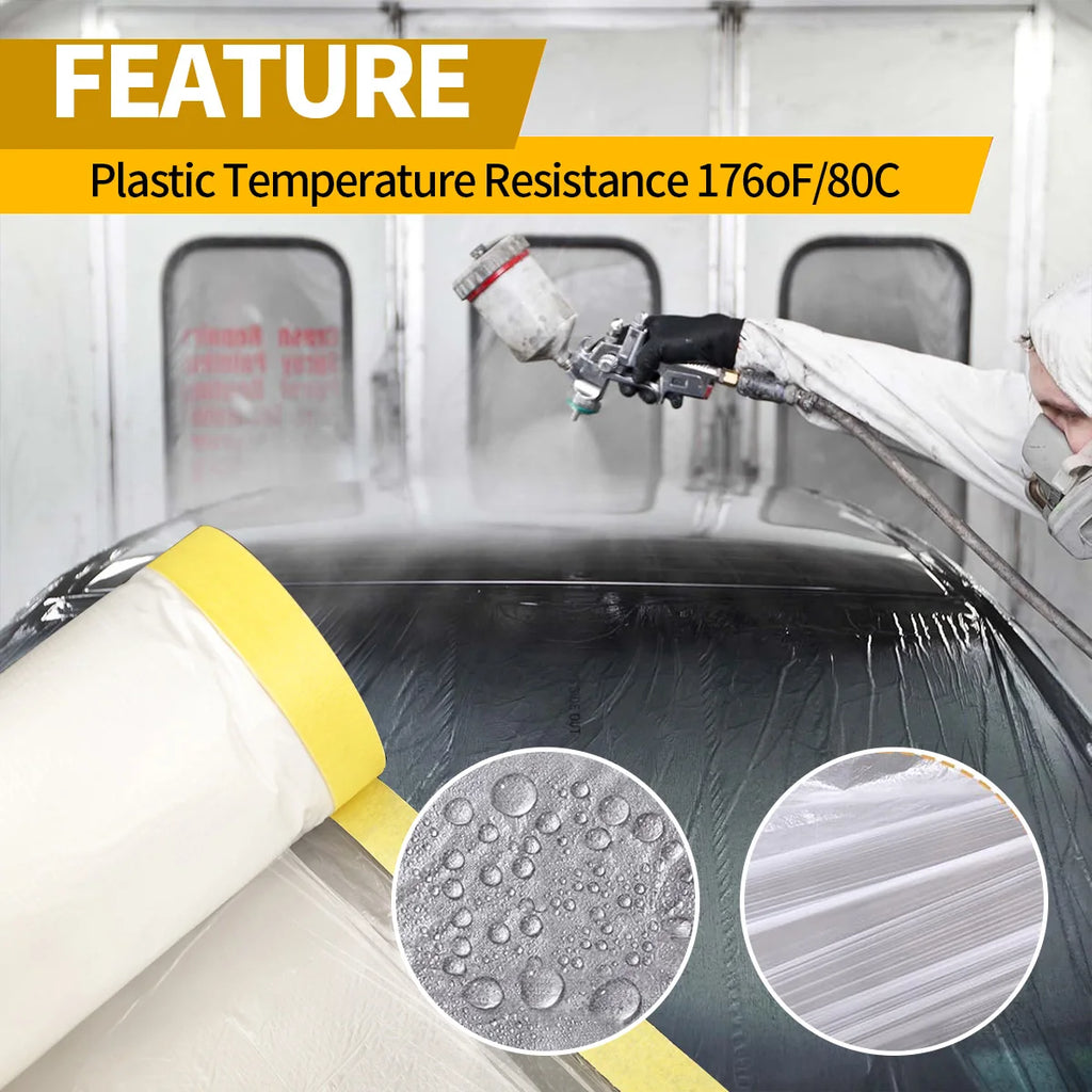 Pre-Taped Masking Film, Paint Adhesive Protective Film Roll for Covering Skirting, Frames, Cars and Auto Body Qme