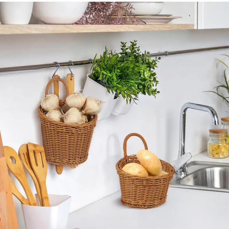Wall Fruit Baskets Handmade Basket Storage Handle Rustic Farmhouse Qme