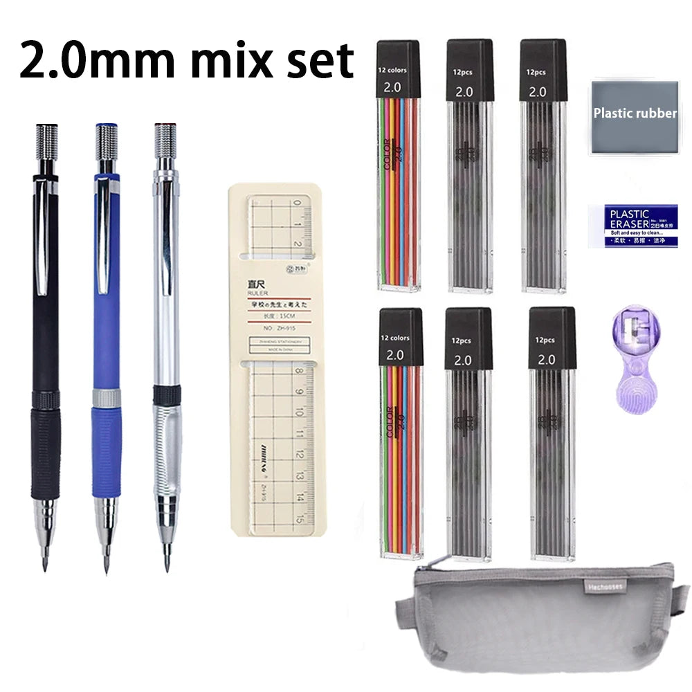 0.5/0.7/2.0mm Mechanical Pencil Set Lead Refills Kneadable Eraser Ruler Sharpener Sketch Drawing Artist Stationery Kit Qme 2.0mm mix set