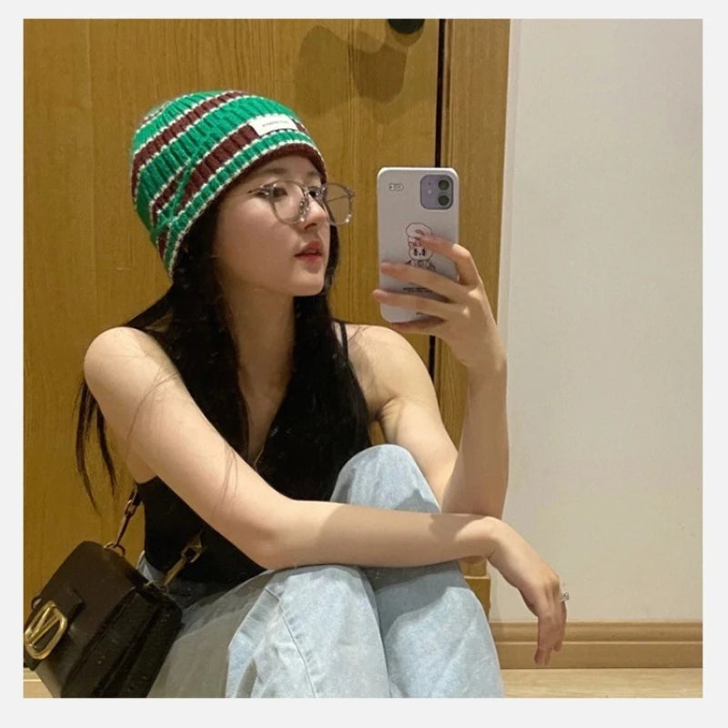 Niche Striped Autumn Winter Warm Wool Hat Showing Face Small Qme