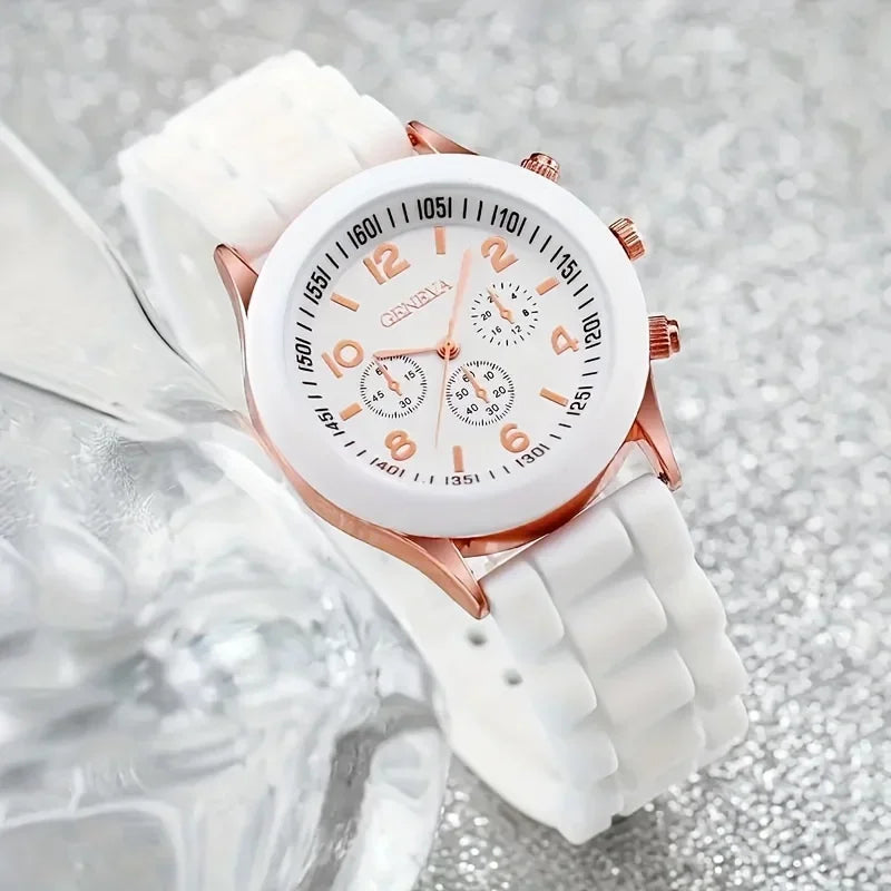 5pcs/Set Chic Women's Quartz Watch with Silicone Strap & Coordinating Marble-Pattern Bracelets Qme