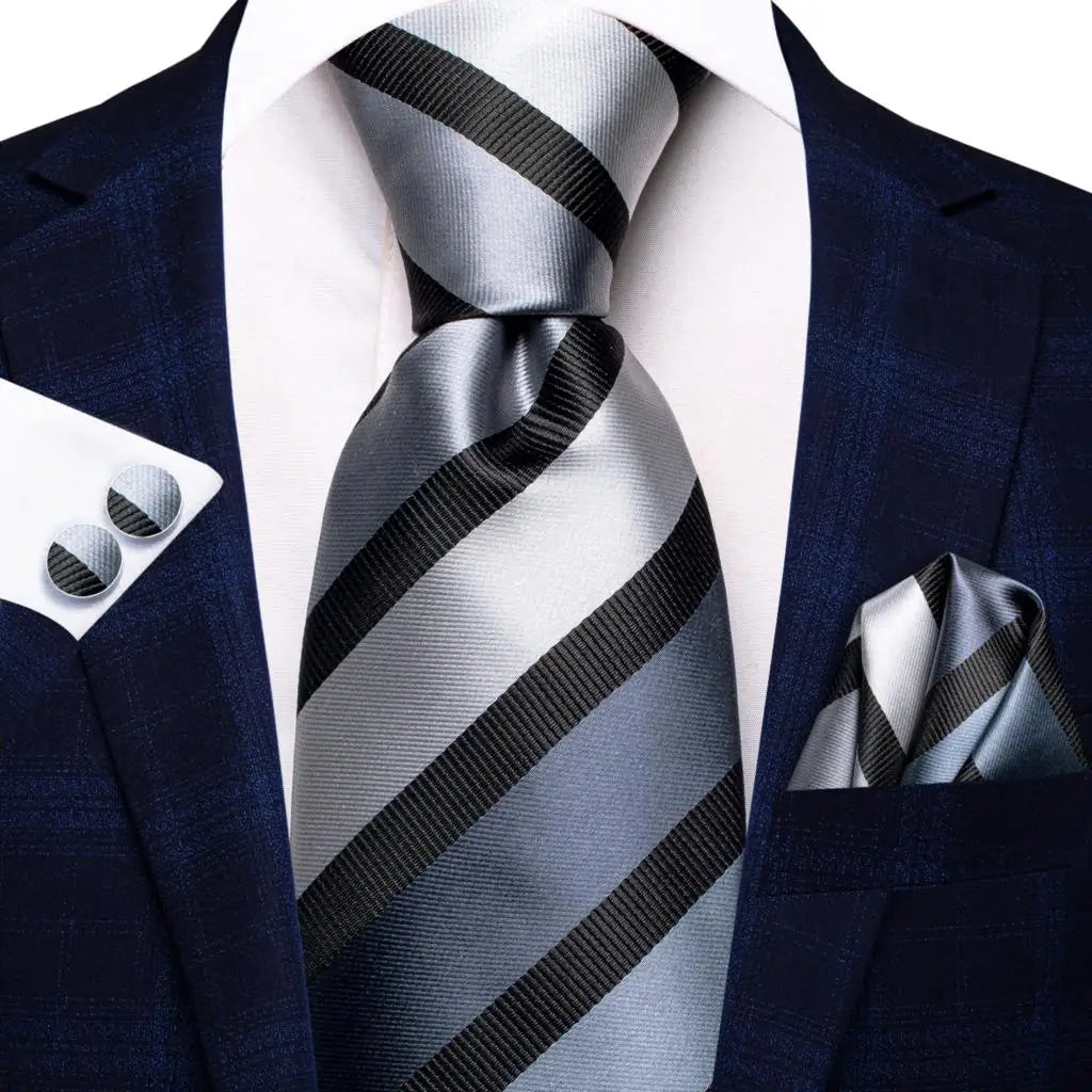 Hi-tie Men Fashion Striped Navy Blue Necktie Handkerchief Cufflinks Qme 3763