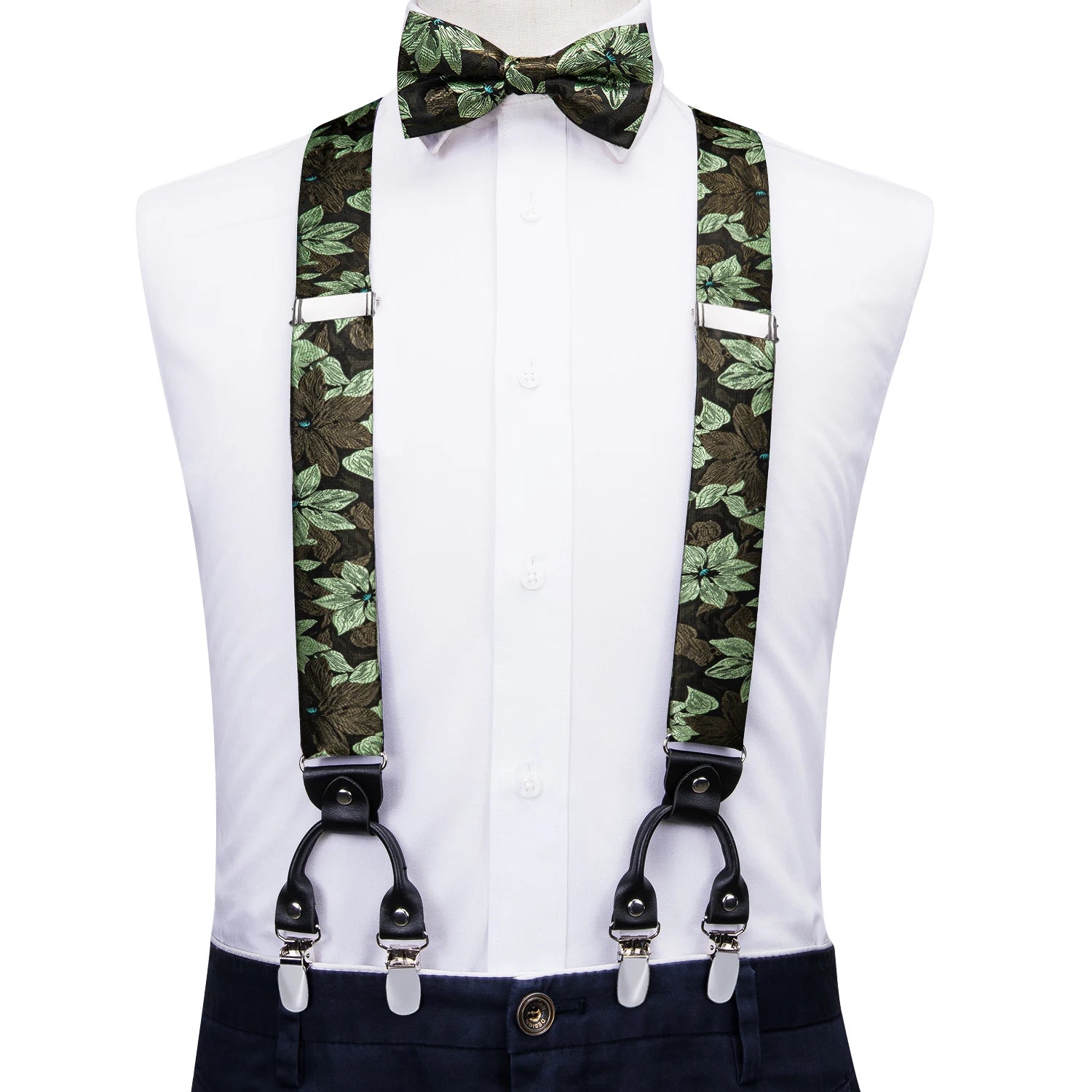 Silk Woven Mens Suspenders Bow Tie Hanky Cufflinks Strength 6 Clips