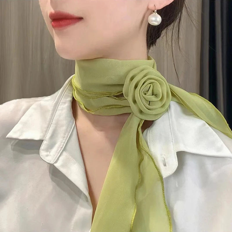 Versatile Rose Design Silk Scarf Soft Neckerchief Girls Women Long Qme Green