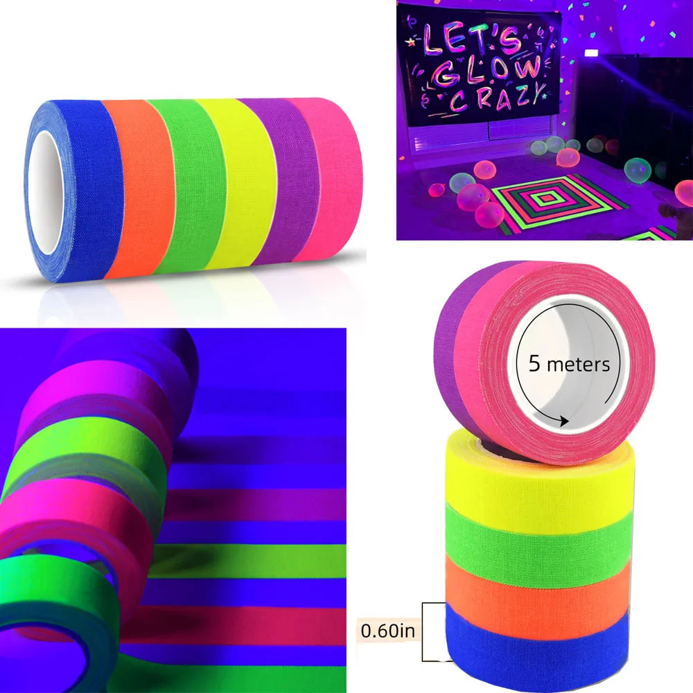2Pcs 6Colors Neon Cloth Tape 16.4ft/5M Fluorescent UV Blacklight Reactive Glow in The Dark Gaffer Cloth Tape Stickers for Decor Qme