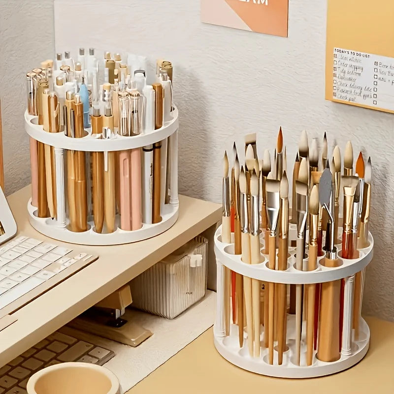 360° Rotating Brush Holder - White Plastic Organizer with Glaze Finish, Space-Saving Design for Art Brushes, Pens, Makeup Tools Qme