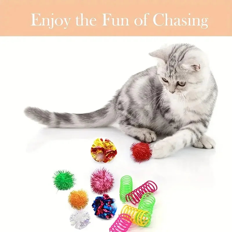 20 Interactive Cat Toys Random Color Set, Indoor Cat Interactive Toys Wrinkle Ball, Flash Ball, Spiral Spring, Spring Tube Qme