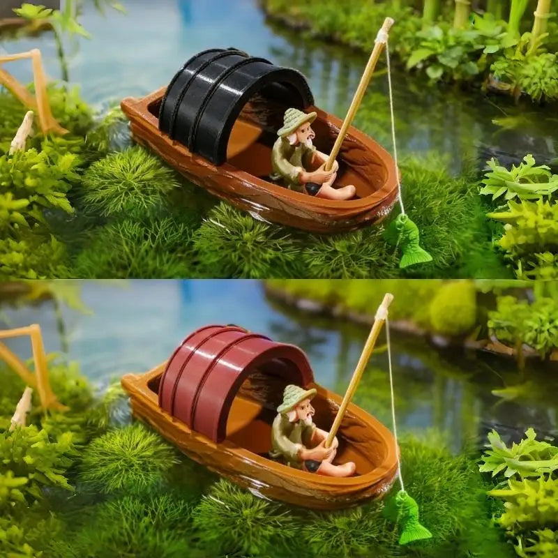 Mini Floating Boat Fisherman Realistic Micro Landscape Models Qme