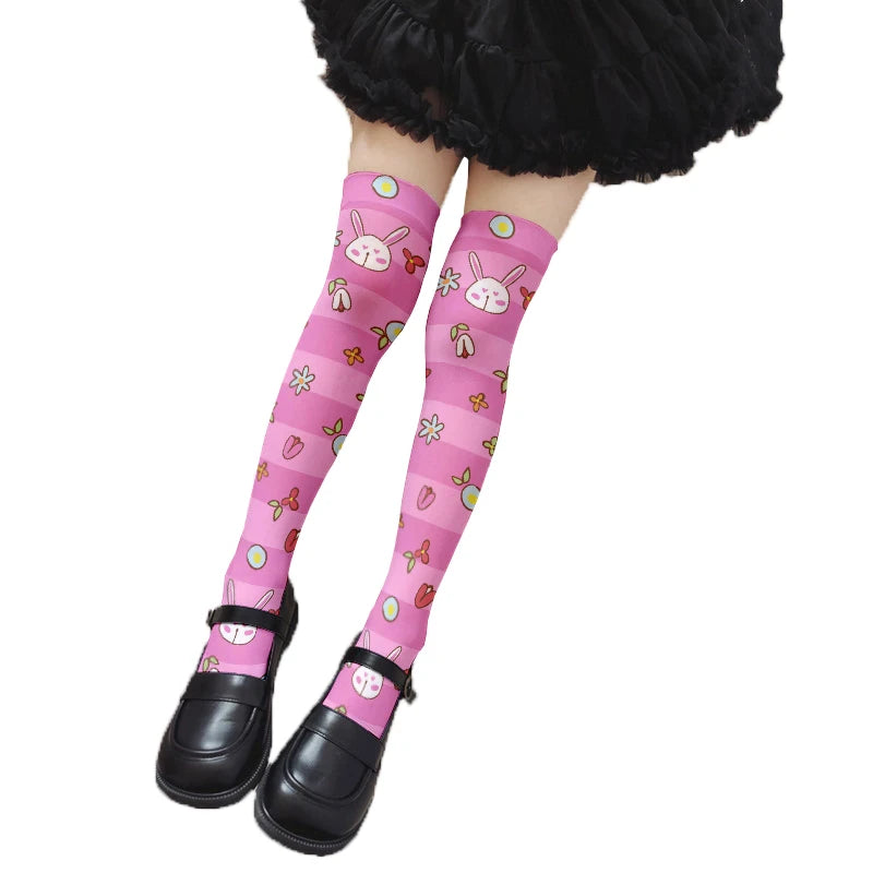 Cartoon Bear Rabbit Pattern 3D Printing Ladies Stockings Kawaii Sweet Qme style3 One Size