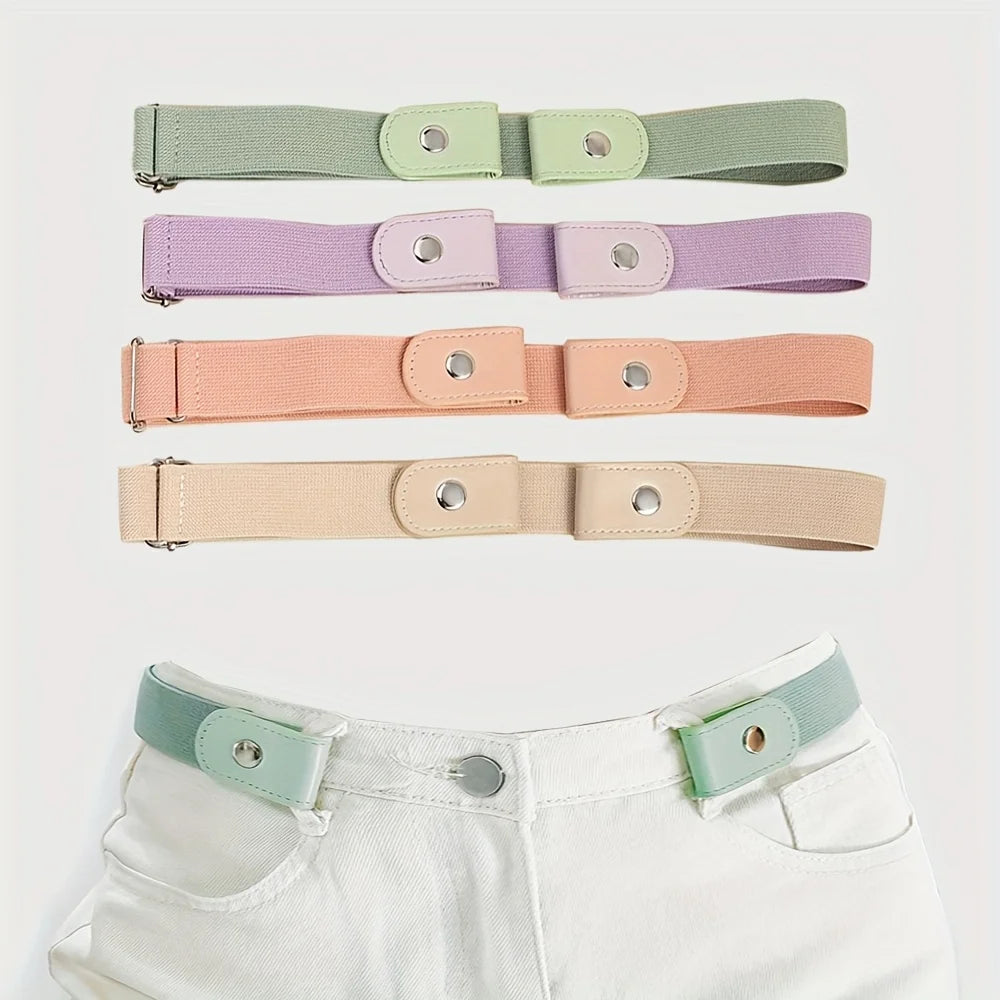 4pcs Macaron Color Casual Style Lazy Belt Accessory, Invisible Elastic No-Hole Belt for Jeans Qme 4pcs