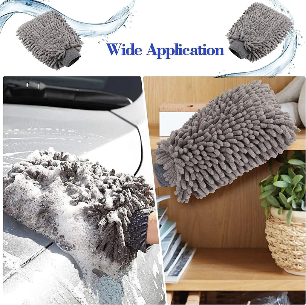 Large Size Car Wash Mitt-Premium Chenille Microfiber Wash Glove and Microfiber Towels - Lint Free（2 Towels+2 Mitts）Grey Qme