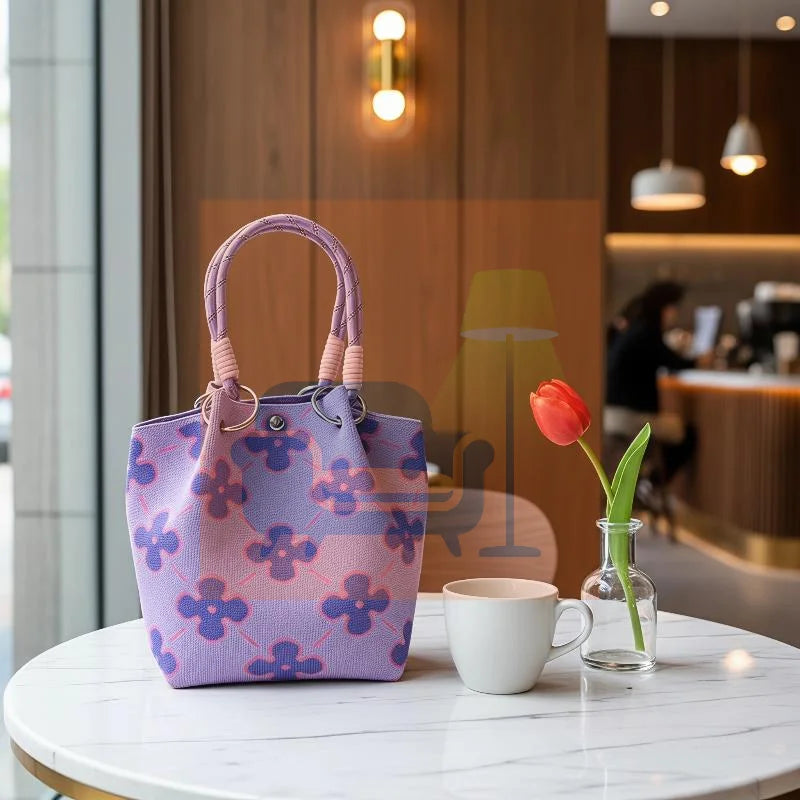 Mini Knitted Bucket Bag Women Small Handbag Geometric Colorblock Wristlet Purse With Detachable Handle 1PC Qme