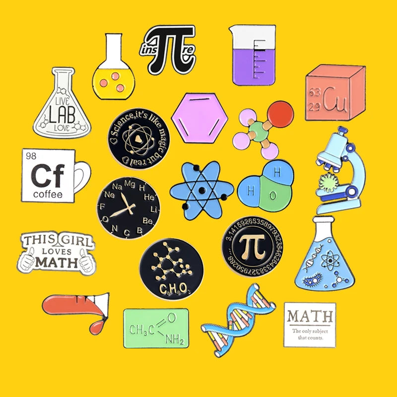 Science Stuff Enamel Pins Tube, Atomic Model,Chemical Symbol, Conical Flask Brooch Badge Gift for Science Enthusiast Wholesale Qme