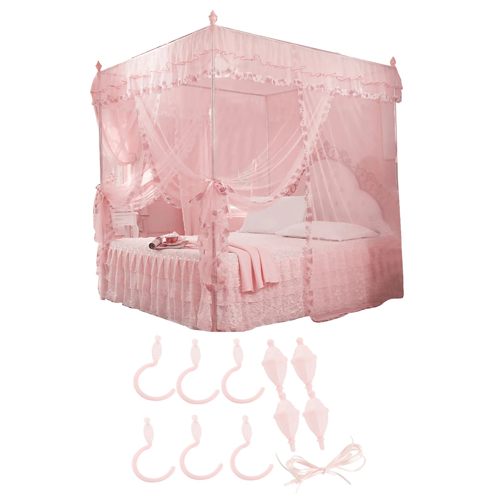 Luxury Lace Mosquito Net 3-Side Opening Design Soft Mesh Fabric Anti-Mosquito Bite Protection for Bedroom No Stand Included Qme Pink 150 x 200 x 200