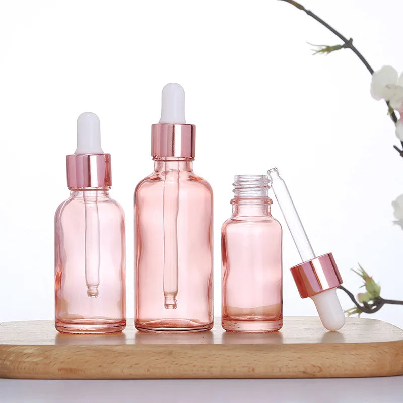 Dropper Bottles Refillable 5- Rose Lid Cosmetic Container Pink Glass Qme