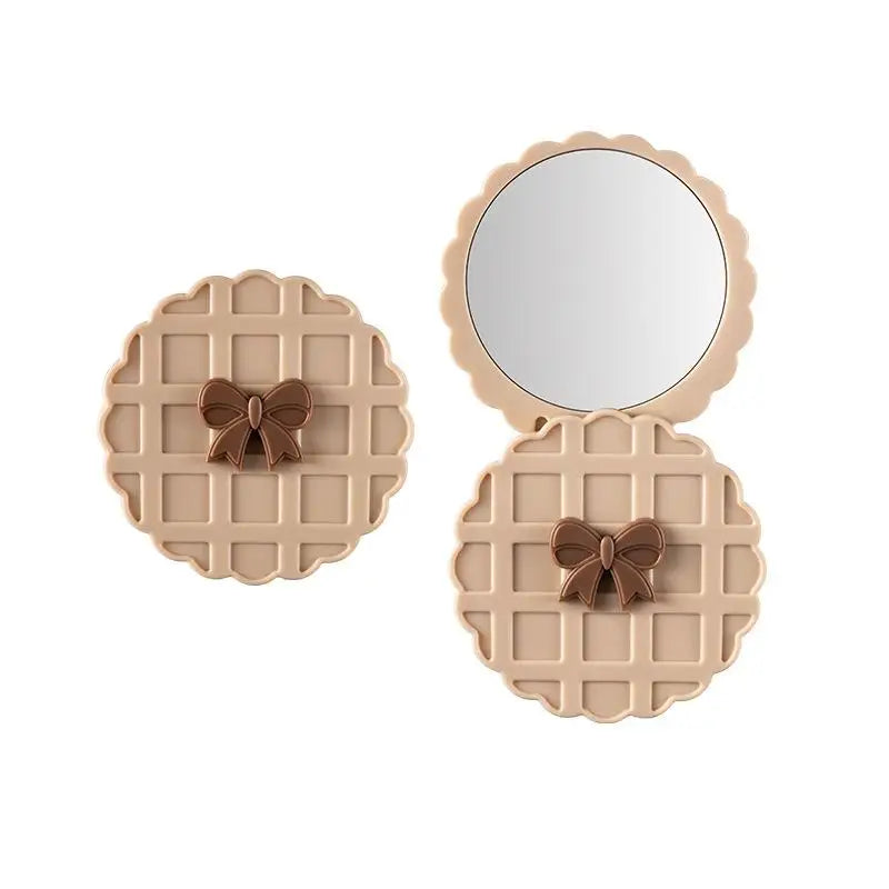 Compact Waffle-texture Double-sided Makeup Mirror Portable Pocket Qme Beige