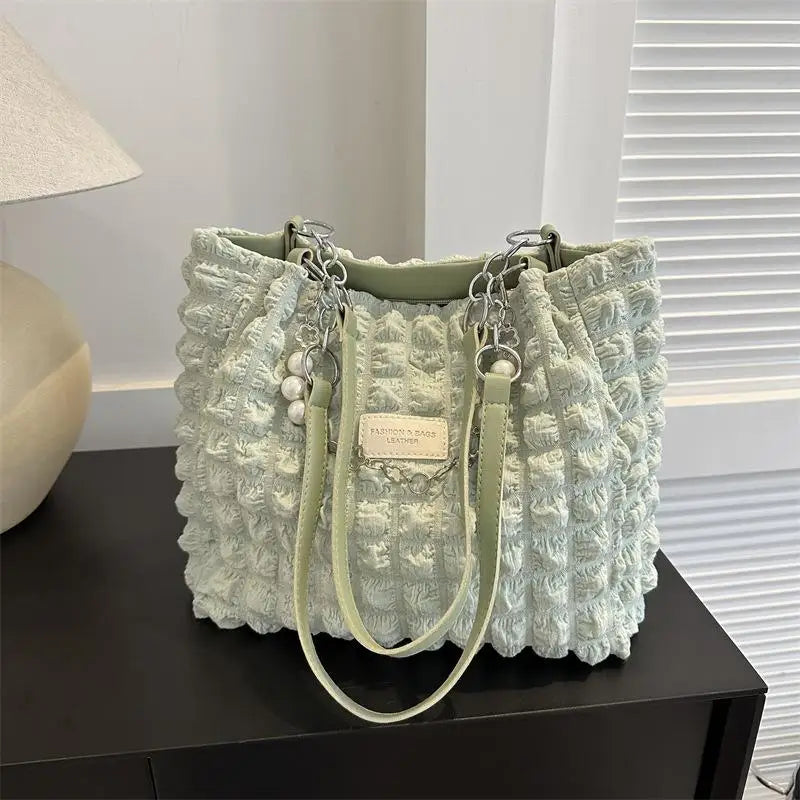 Bubble Textured Tote Bag Pearl Chain Decoration Large Capacity For Shopping Dating Office Commute Qme Green