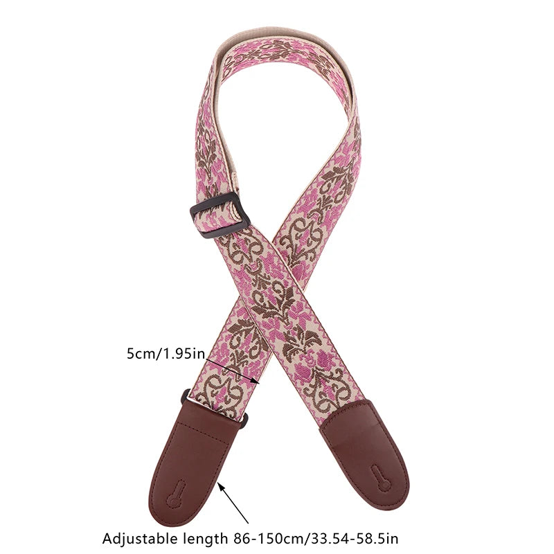 Guitar Strap Bass Cotton Leather Embroidery Straps Adjustable Neck Qme