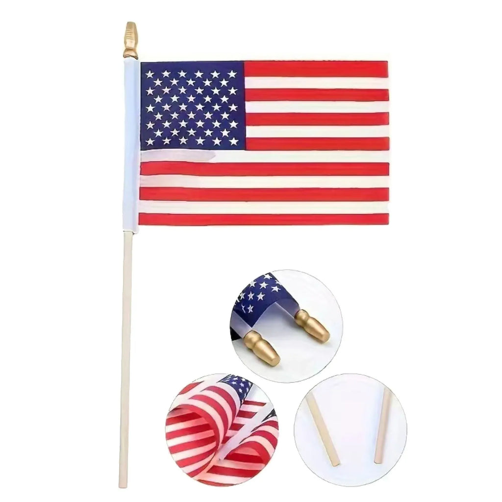 12PCS American Flag with Wooden Stick and Gold Spear Tip Durable Polyester for Indoor Outdoor Garden Party DIY Decoration Qme AS SHOW