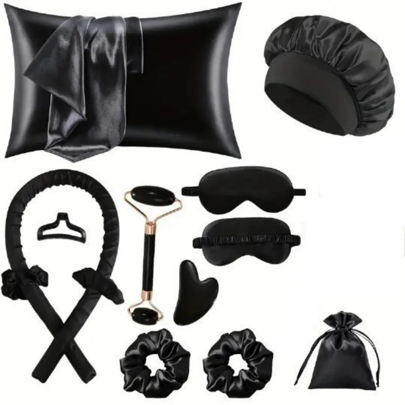 No Heat Curling Wand Set Lazy Summer Cool Silky Curls Kit with Shower Cap Eye Mask Easy Styling Hair Tool for Women Qme 12pcs black