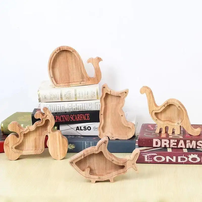 Wooden Animal Piggy Bank Transparent Cat Elephant Dinosaur Wood Qme