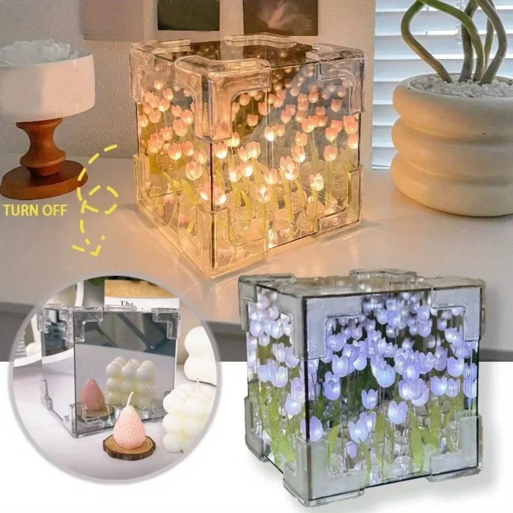 DIY Tulip Sea Mirror Night Light Car Decoration Materials Handmade Qme