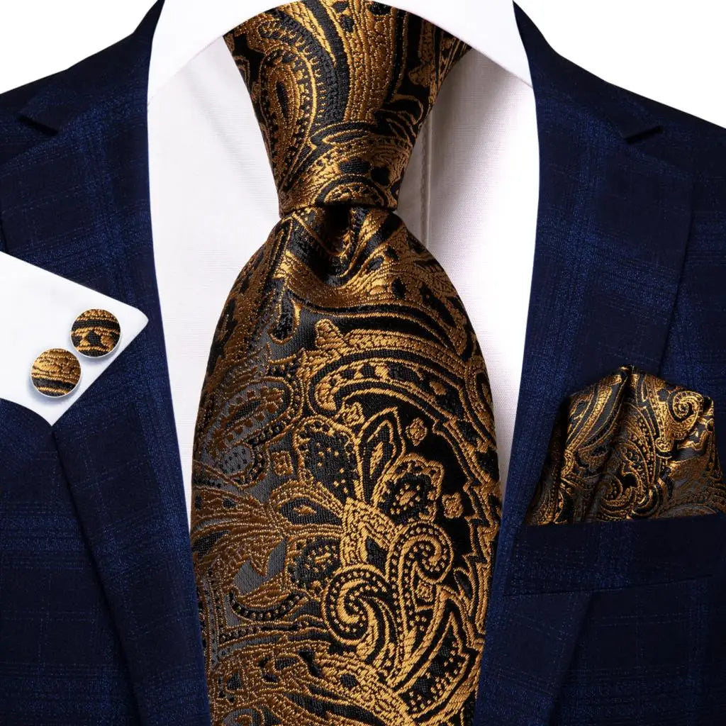 Hi-tie Psialey Black Gold Silk Elegant Tie Men Groom Wedding Necktie