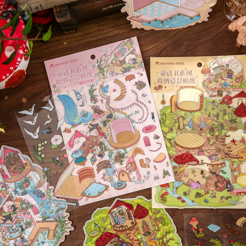 4 Sheets/Bag Magical Fairytale Themed Miniature Diorama Stickers for DIY Scrapbook Phone Case Decoration Student Reward Sticker Qme