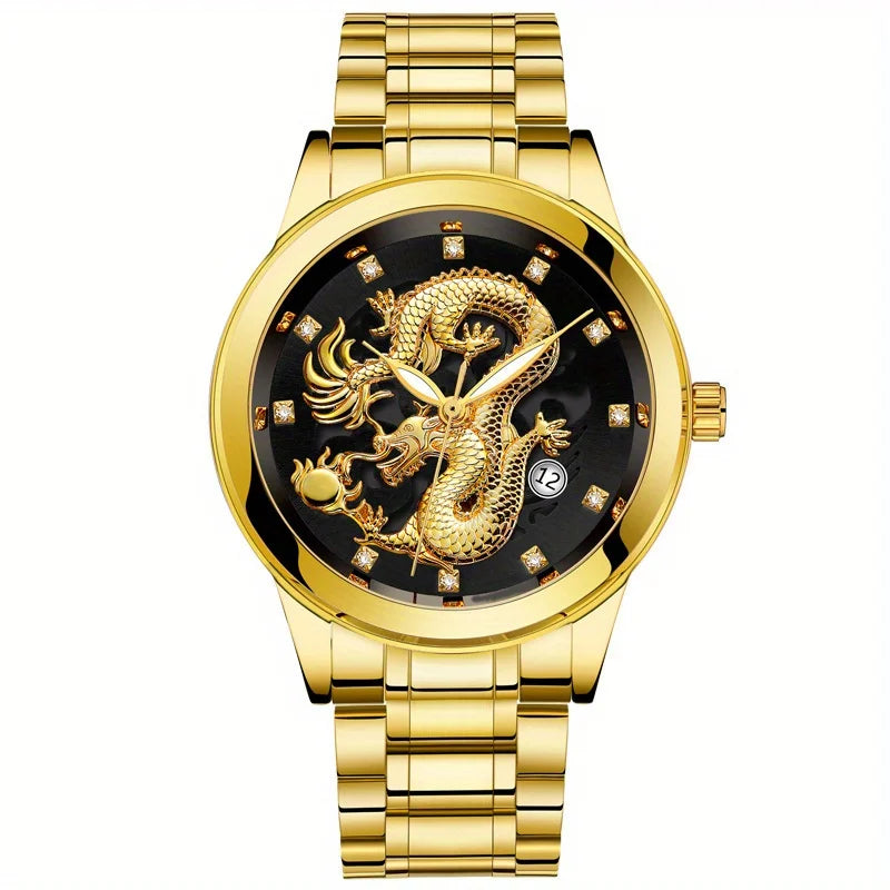 Fashion Men's Watch Chinese Dragon Golden Watch Stainless Steel Calendar Quartz Watch Qme