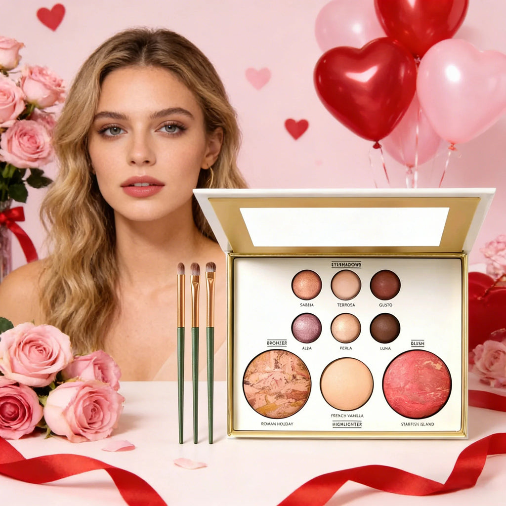 Multicolor Baked Powder Makeup Set Waterproof Brightening Setting Concealing Smudge Proof with 3 Pcs Brushes Valentine's Day Gif Qme