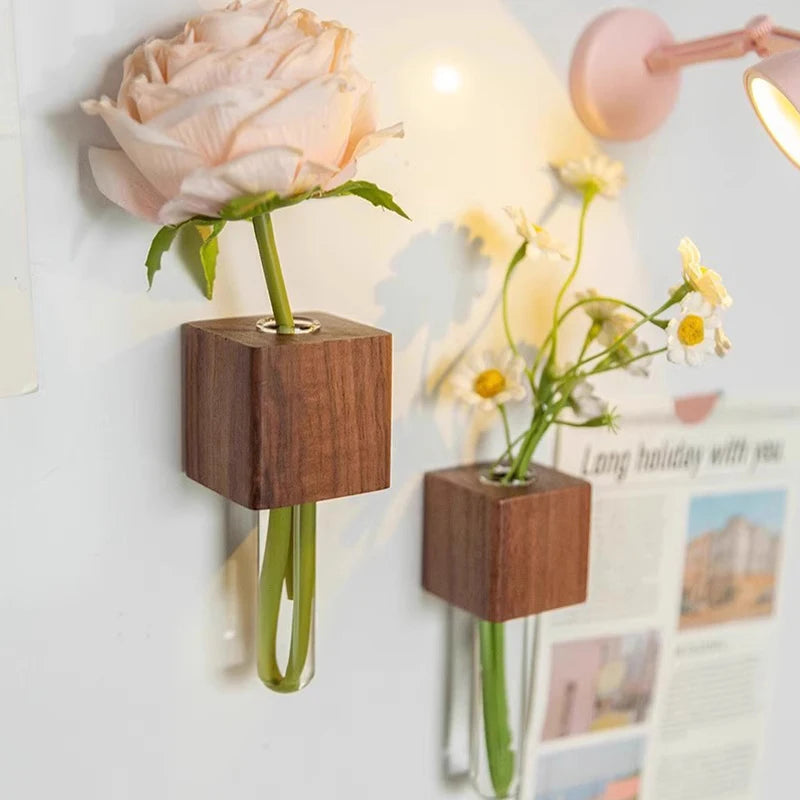1/2pcs Wooden Magnetic Test Tube Vase Refrigerator Magnet DIY Flower Arrangement Simulation Flower Vase Home Kitchen Decoration Qme
