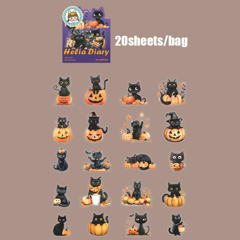 Halloween Cat Pumpkin Stickers 20 Sheets PET Waterproof DIY Scrapbook Journal Laptop Phone Case Decoration for Kids Adults Qme 3