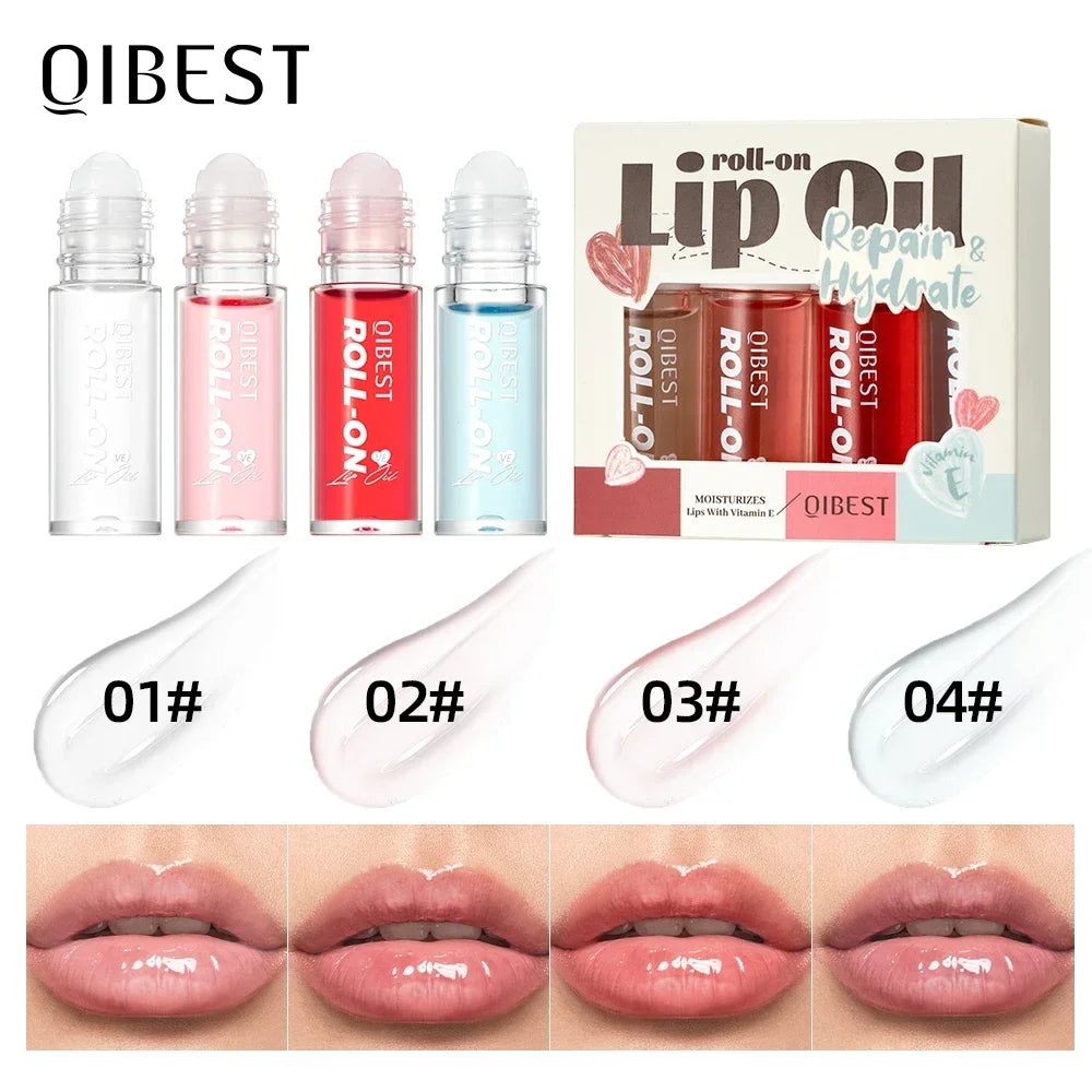 QIBEST 4Pcs Roll-On Lip Balm Moisturizing Clear Transparent Lip Oil Long Lasting Hydrating Rolling Bead Lip Gloss Woman Makeup Qme Lip Oil Sets