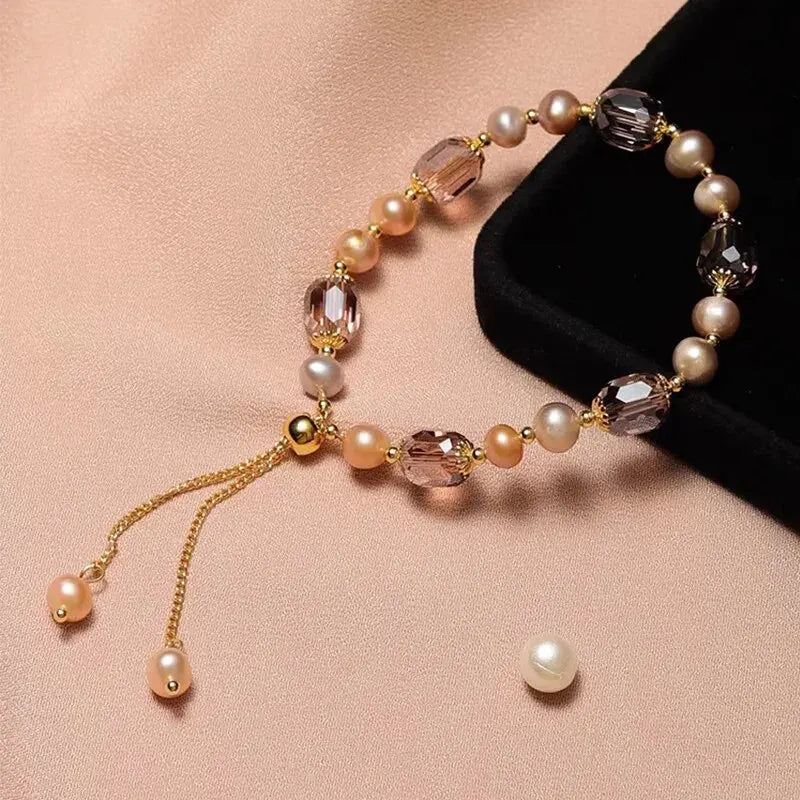 Elegant Pink Imitation Pearl Bracelets Exquisite Purple Crystal Beaded Adjustable Bracelets Bangle Female Wristband Accessories Qme