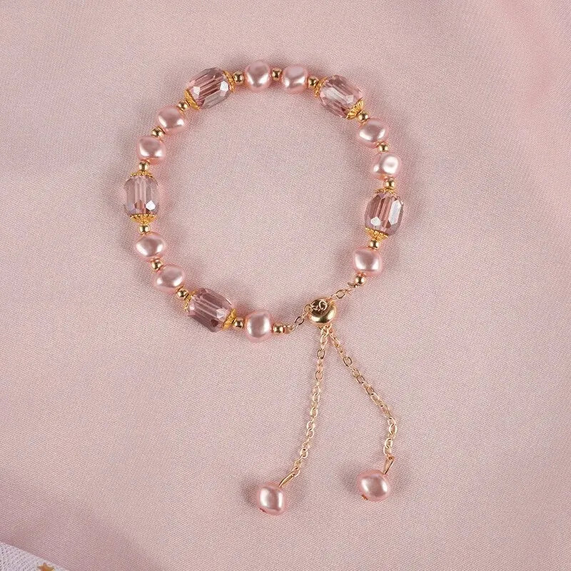 Elegant Pink Imitation Pearl Bracelets Exquisite Purple Crystal Beaded Adjustable Bracelets Bangle Female Wristband Accessories Qme