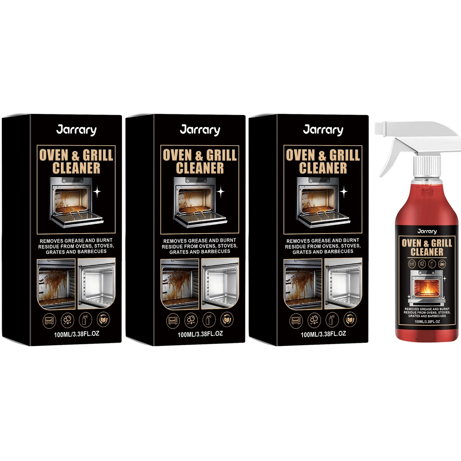 Oven & Grill Cleaning Spray Decompose Oil Stains Remove Food Residues Fast-Acting Foaming Formula Convenient Kitchen Degreaser Qme 3 x 100ML Boxed