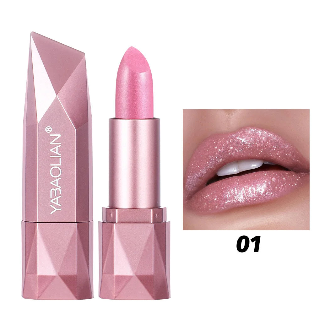 Diamond Shine Lipstick, Pearlescent Golden Lipstick with Fine Glitter, High Gloss Hydrating Long Lasting & Non-Drying Lip Makeup Qme 01