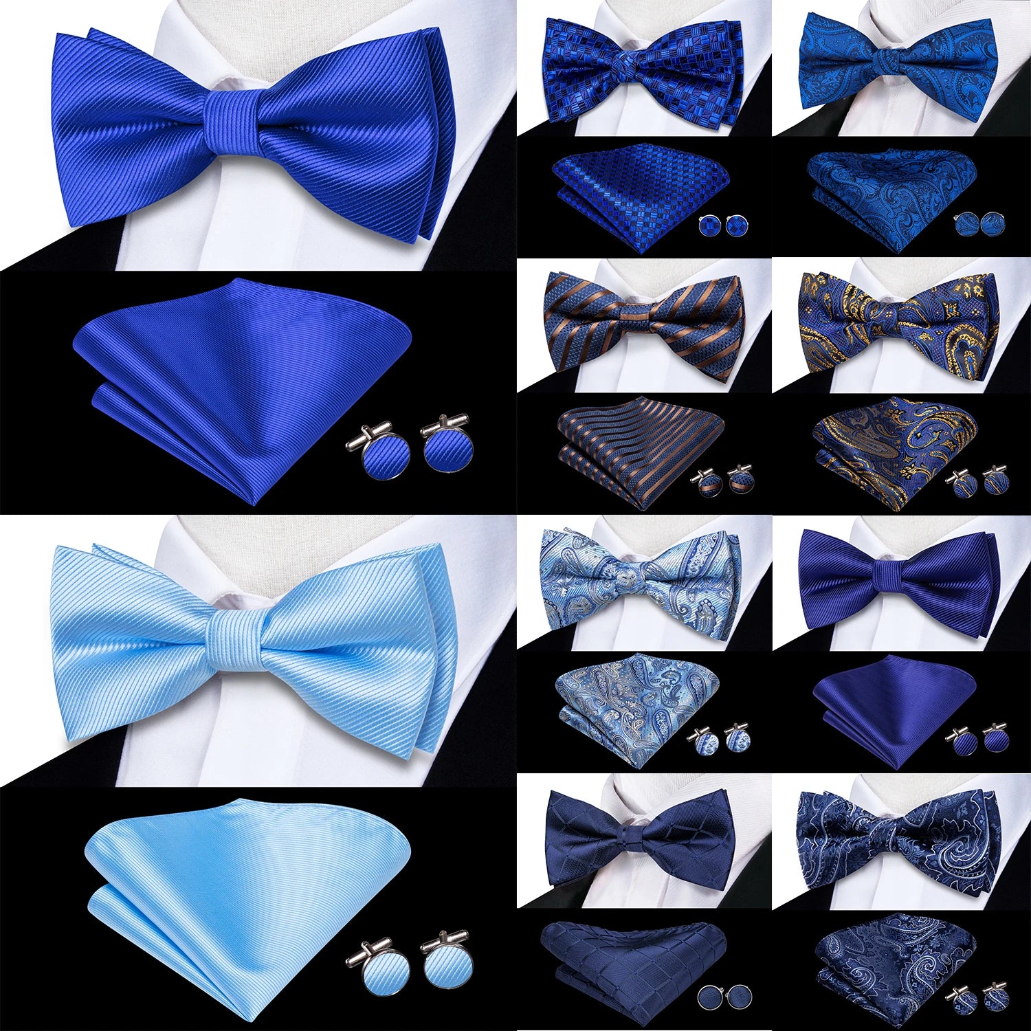 Navy Royal Sky Blue Silk Mens Bow Tie Hankerchief Cufflinks Pre-tied Qme