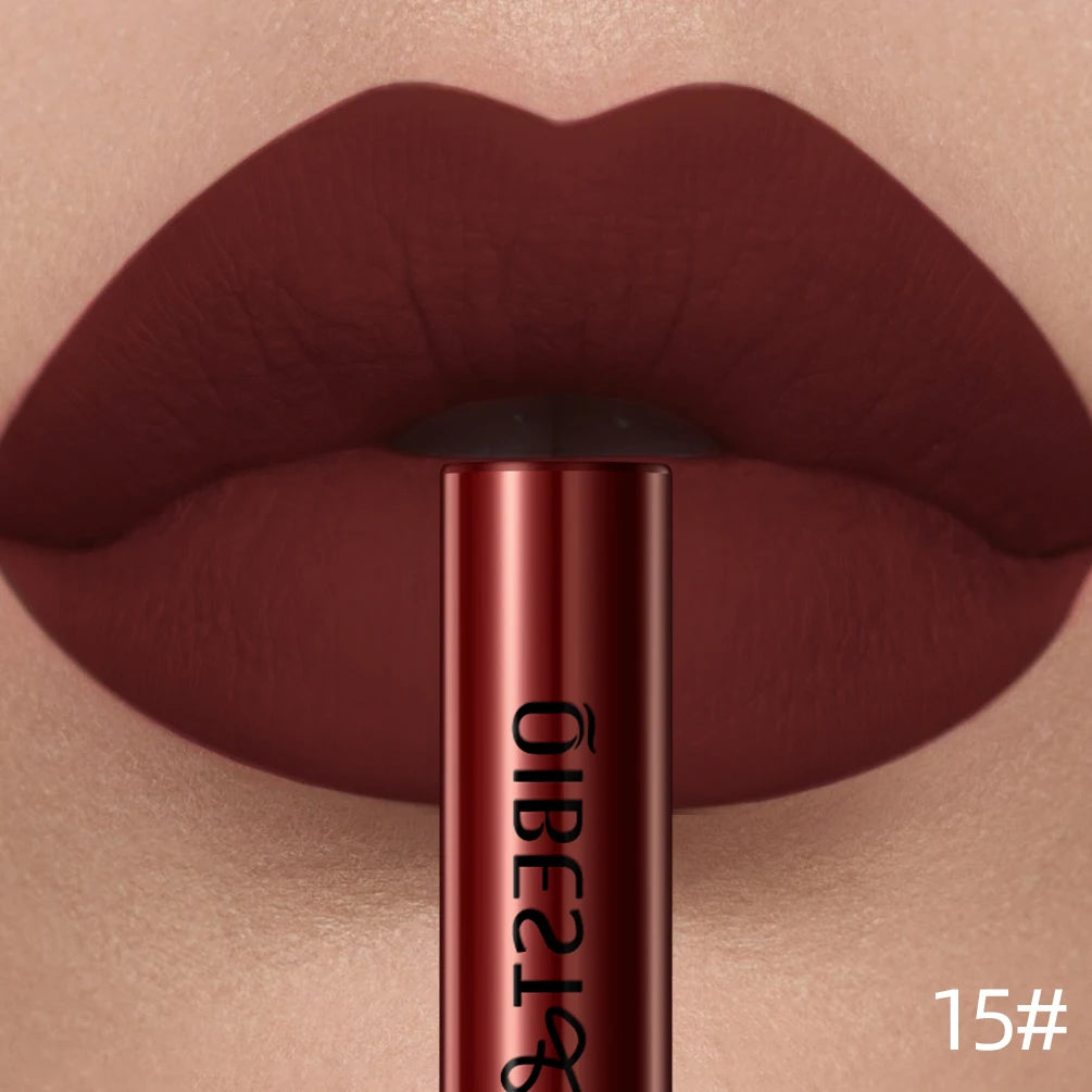 QIBEST Sexy Lipgloss Lasting Velvet Matte Lip Gloss Liquid Lipstick Makeup Women Beauty Nonstick Cup Waterproof Red Lipstick Qme 15