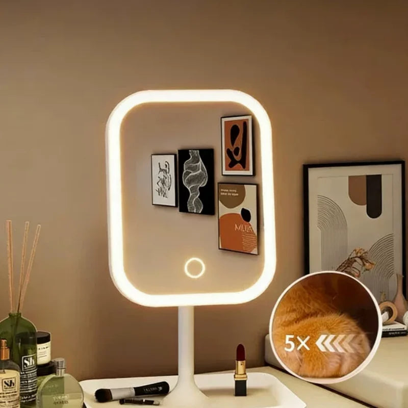 Women Bedroom Desktop Vanity Mirror 3 Color Dimmable Light LED Makeup Touch Control Mirror Home Travel Portable Qme