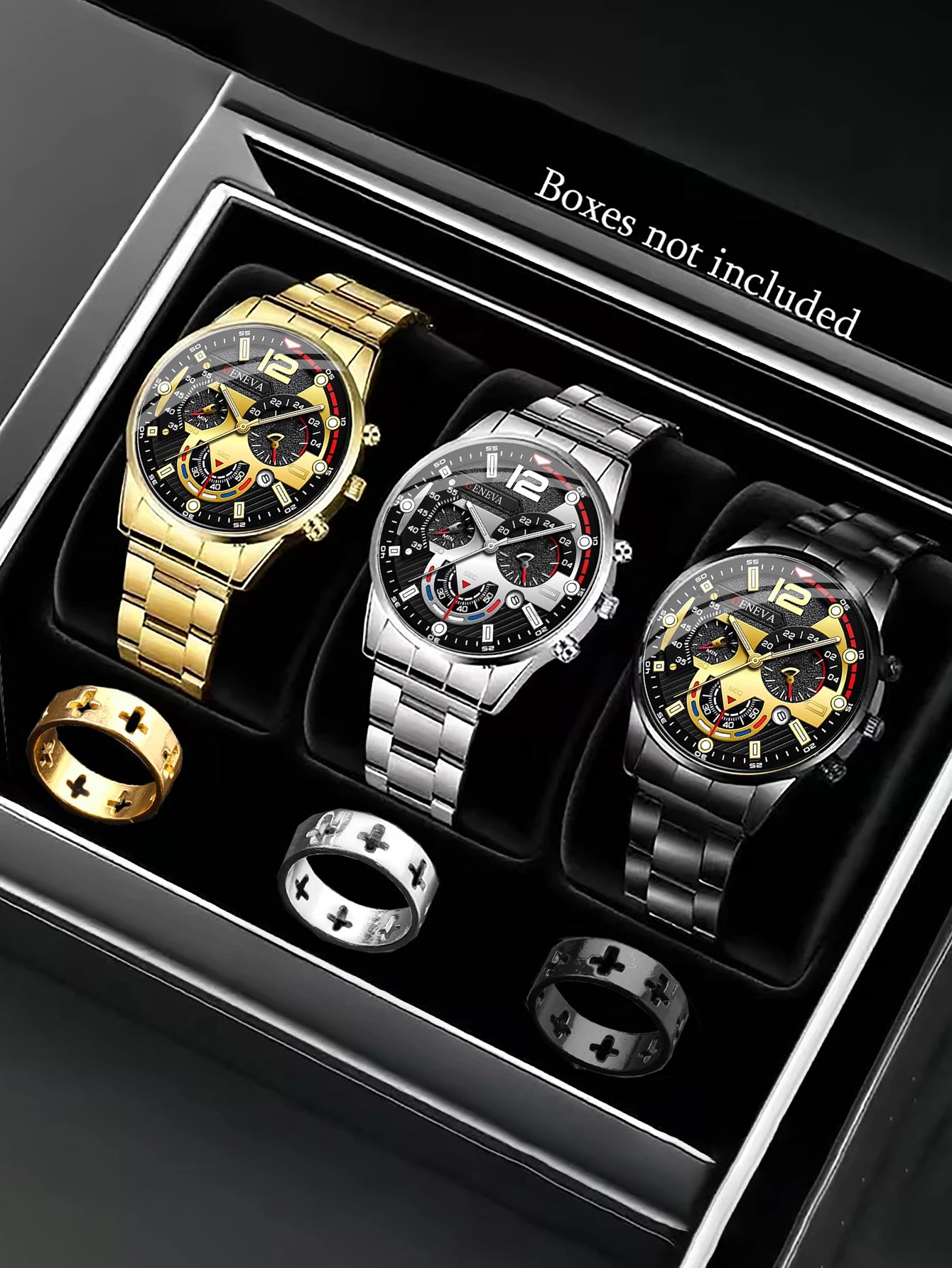 Men's Quartz Watch And Ring Set Stainless Steel Band Suitable for Daily Wear Birthday Gift Box Not Included Qme 6PCS watch set