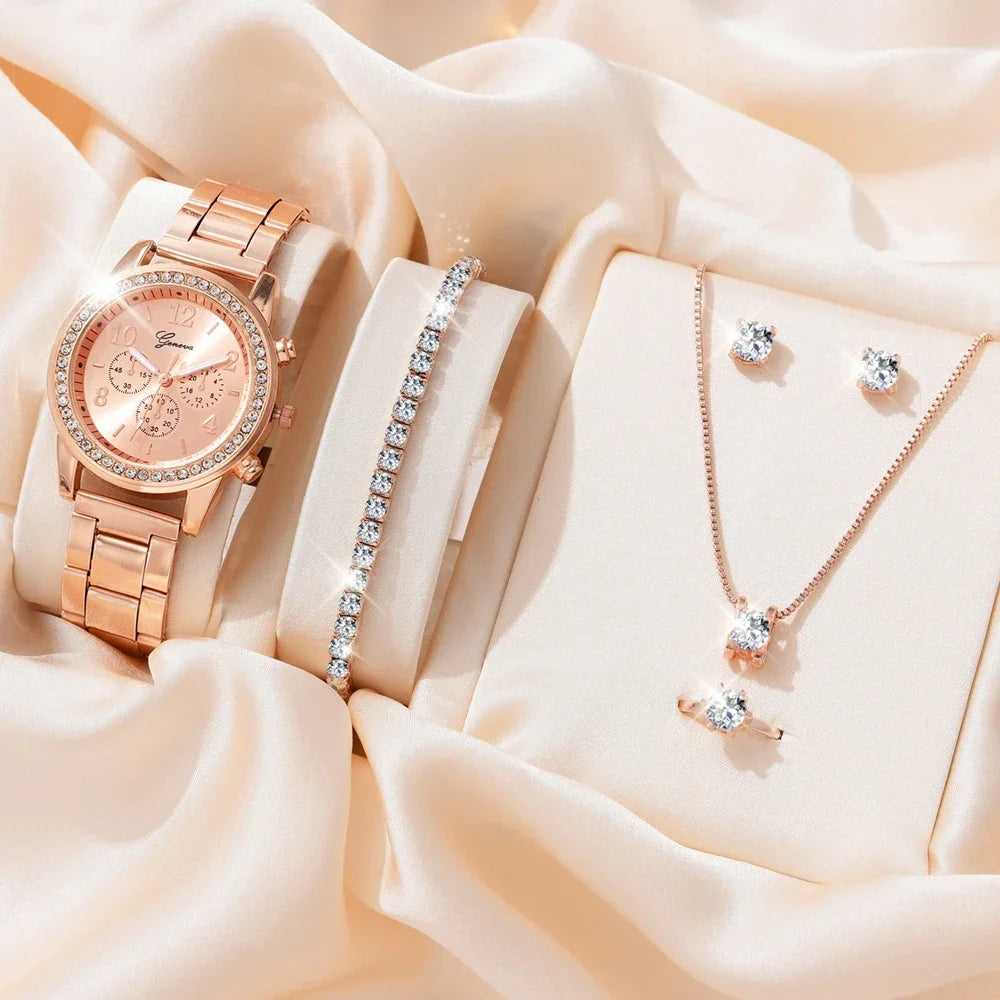 6PCS Set Luxury Watch Women Ring Necklace Earrings Rhinestone Fashion Wristwatch Female Casual Ladies Watches Bracelet Set Clock Qme 6PCS Rose Gold Set