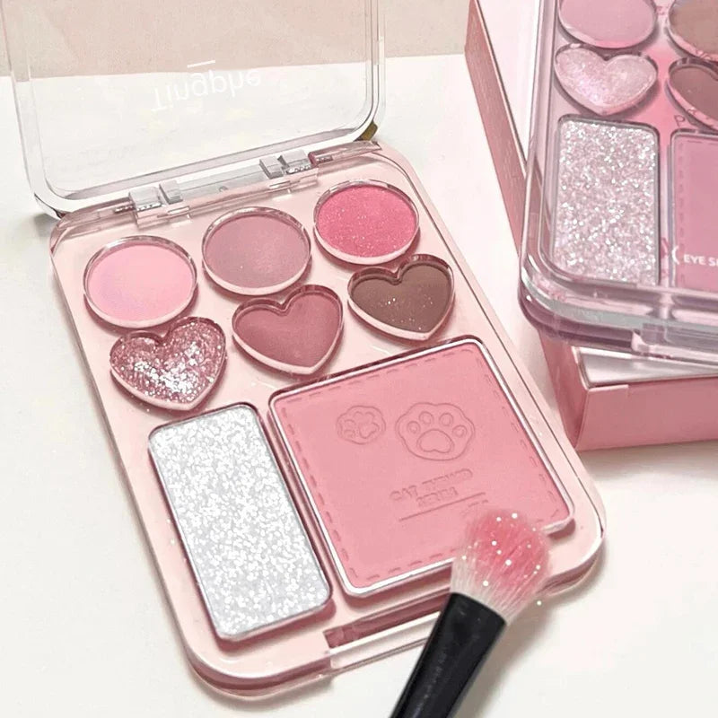 8-color Love Heart Eyeshadow Palette Pearly Glitter Shiny Highlighter Shadow Shimmer Gray Pink Blush Eyeshadow Brighten Make Up Qme