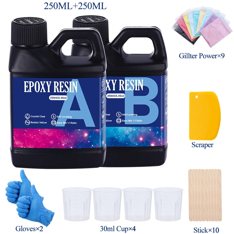 Fast Curing 1:1 Crystal Clear Epoxy Resin Kit Heat Resistant Casting Coating Resin for Art DIY Craft Jewelry Wood Table Top Qme 250ml 250ml kit 2