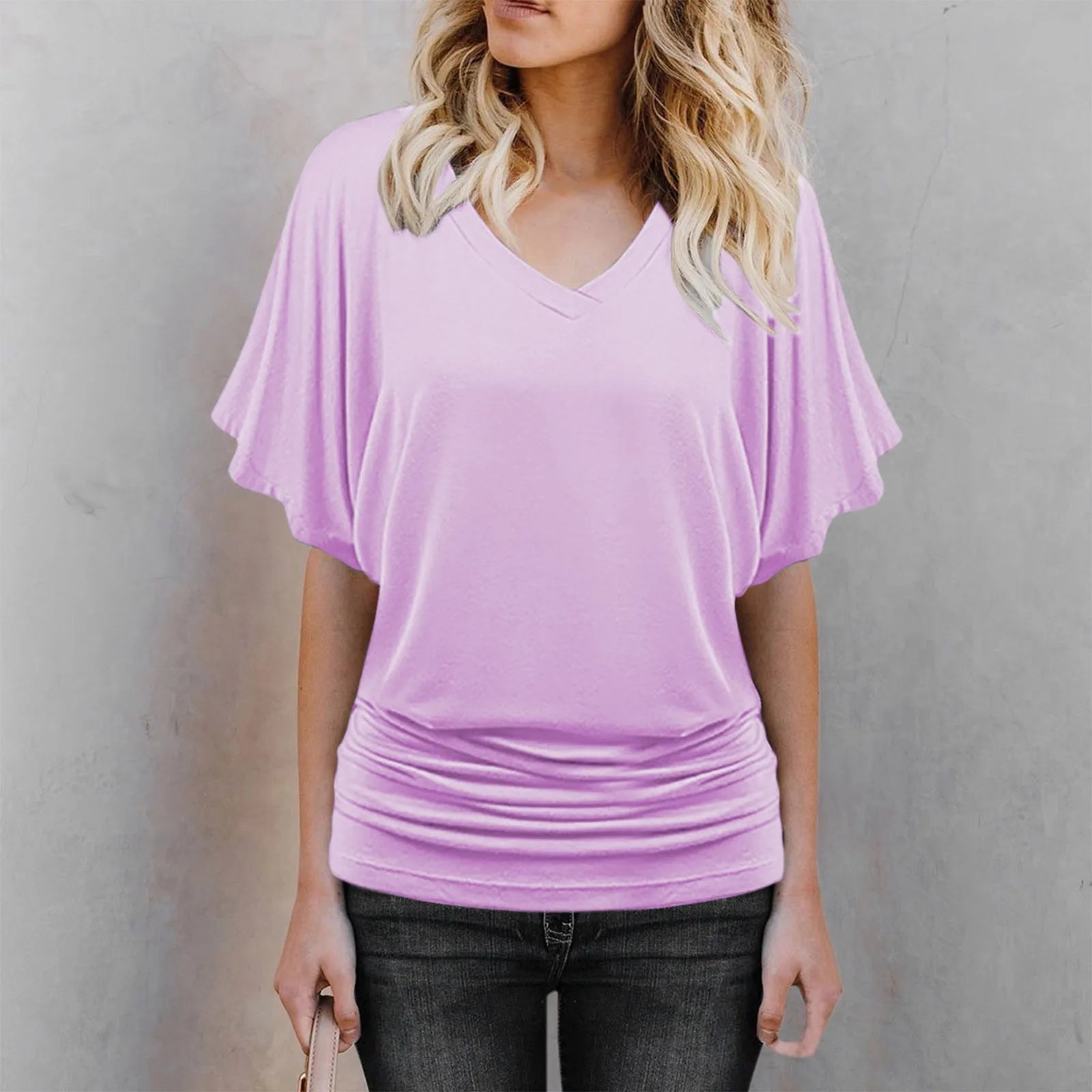 Soft Pleated Summer Bating Short Sleeved V-neck Solid Color T-Shirt Fashionable Classic Soft And Comfortable Daily Top For Lady Qme Purple XXL